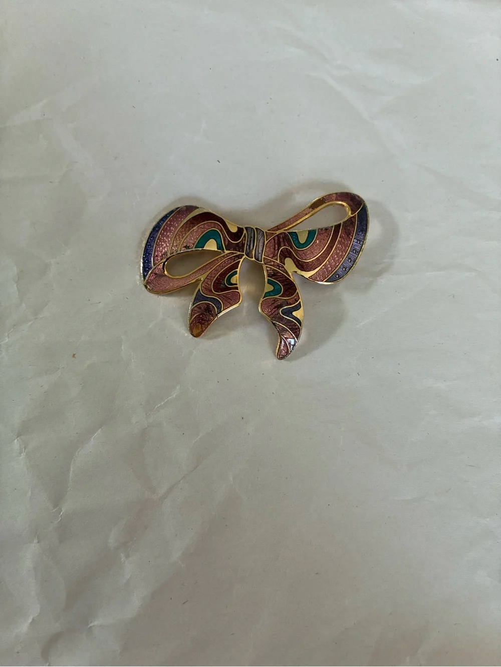 Gold-Tone Multicolor Enamel Bow Brooch - Pink, Teal & Purple Accent